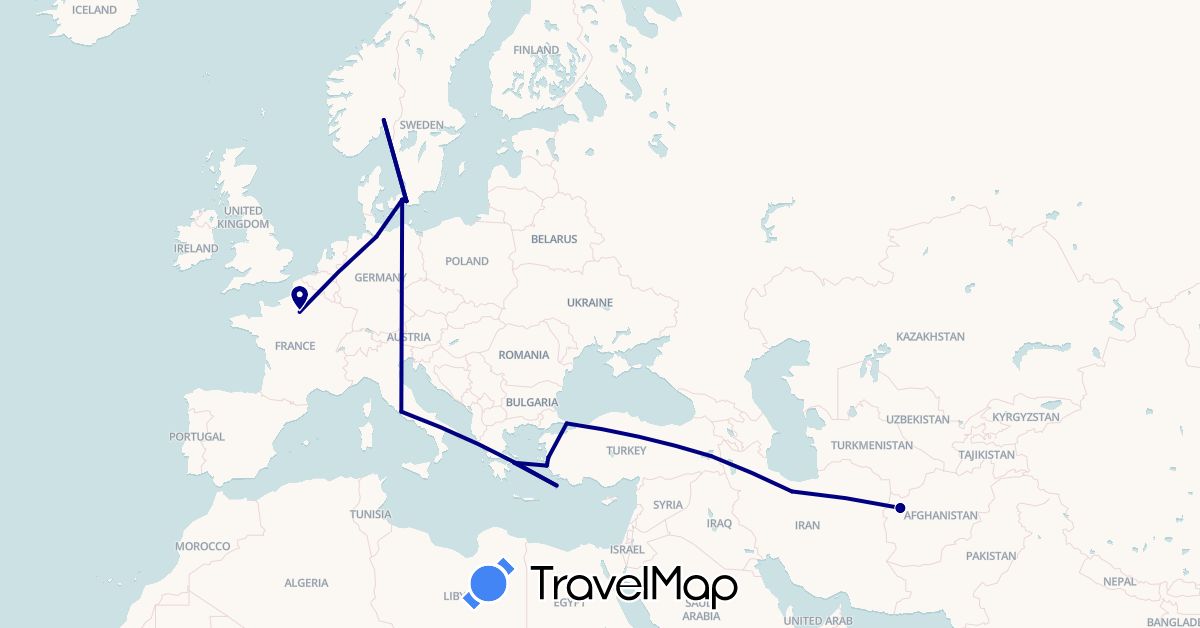 TravelMap itinerary: driving in Afghanistan, Germany, Denmark, France, Greece, Iran, Italy, Norway, Sweden, Turkey (Asia, Europe)